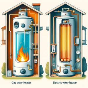 Here's an educational illustration comparing a gas water heater and an electric water heater. The image shows a cutaway view of each type, with details like the heating elements and connections visible.